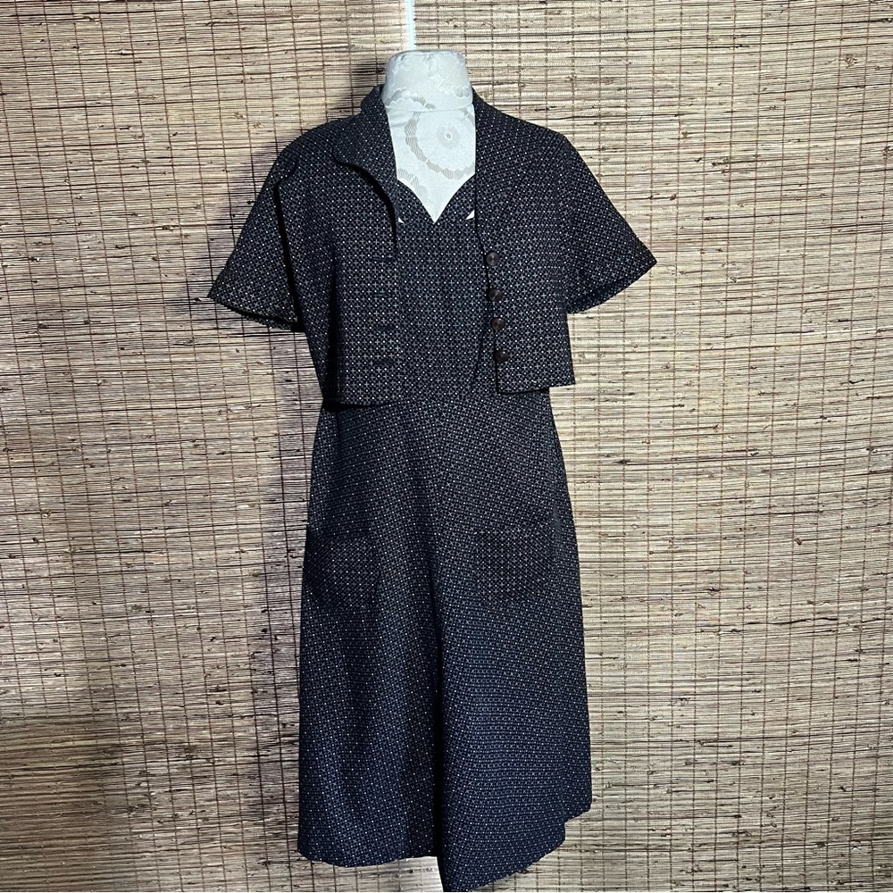 Hand Sewn Vintage Brown, Light Blue and Black Dress with Short Cropped Jacket